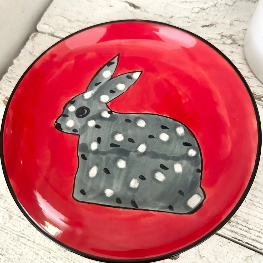 3/$22🩶 West Elm Bunny Rabbit Red Plate 6.25” Handpainted Polka Dot Animal Salad